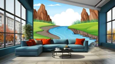 Nature forest landscape at daytime scene with long river flowing through the meadow Wall mural