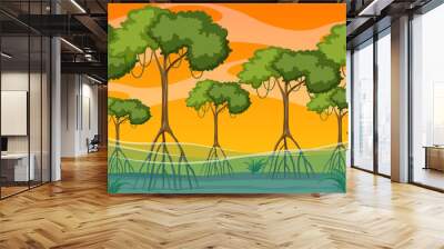 Nature scene with Mangrove forest at sunset time in cartoon style Wall mural