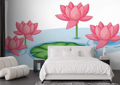 Pink lotus flowers with one green leaf in the pond Wall mural