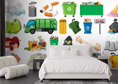 Pollution, litter, rubbish and trash objects isolated Wall mural