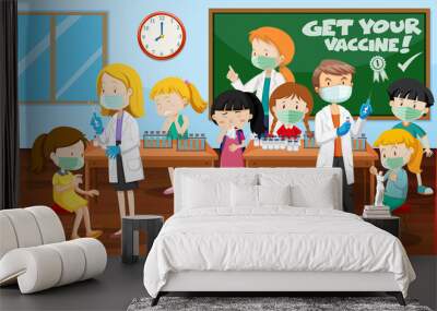 Scene with many kids get covid-19 vaccine and many doctors cartoon character Wall mural