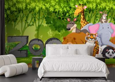 Set of zoo animals in jungle Wall mural