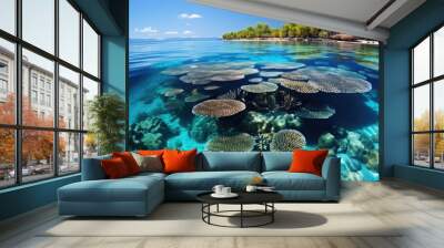 The Australian Great Barrier Reef from above, showcasing a mosaic of coral atolls, turquoise waters, and sandy islets. Wall mural