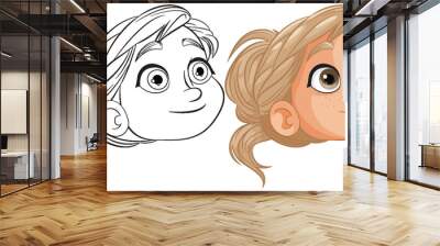 Two stages of a female character illustration Wall mural