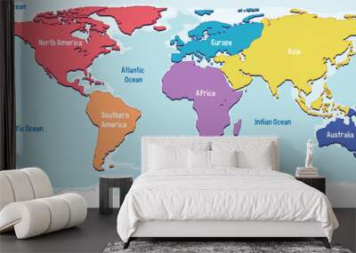 World map with continents names and oceans Wall mural