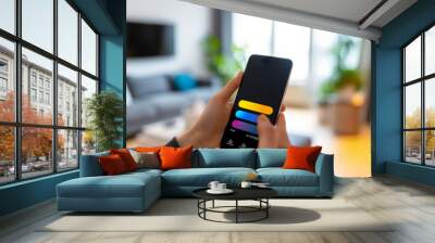 Individuals monitoring home electricity usage with mobile apps. Wall mural