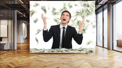 business man throwing dollar bills and yelling. Wall mural