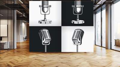 Silhouette old vintage radio microphone retro podcast, classic clipart cartoon illustration Wall mural