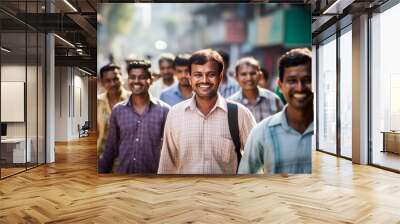 Crowd of people walking city street smiling happy Wall mural