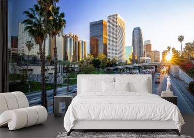 Los Angeles downtown buildings skyline highway traffic Wall mural