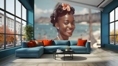 old photo of a young woman in hawaii smiling Wall mural