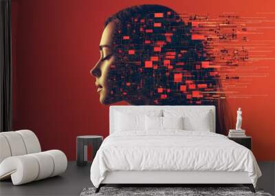 Woman's Profile with Digital Pixelated Head on Red Background Wall mural