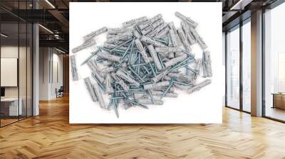 Close-up isolated image of sets of grey plastic dowels plugs and shiny metal self-tapping screws in a heap, on white background. Plastic dowel isolated on a white background. Wall mural