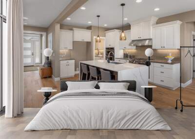 Beautiful kitchen in new luxury home with waterfall island, quartz counter tops, farmhouse sink, and hardwood floors. Wall mural