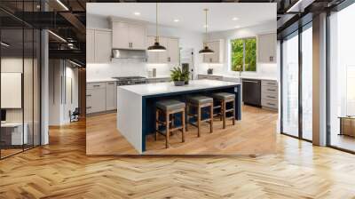 Beautiful kitchen in new luxury home with waterfall island, quartz counter tops, farmhouse sink, and hardwood floors. Wall mural