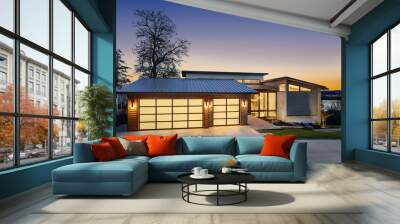 Beautiful modern style luxury home exterior at sunset with glowing interior lights. Features three car garage with translucent panels, clerestory windows and elegant design. Wall mural