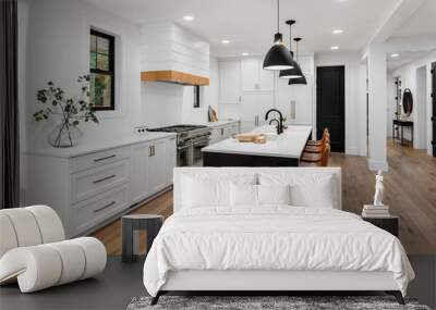 Beautiful white kitchen with dark accents in new modern farmhouse style luxury home Wall mural