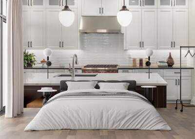 Kitchen in New Luxury Home. Large Island and Stools in Foreground with Abundant Cabinets and Oven with Range and Hood in Background. Home is Staged. No People Wall mural