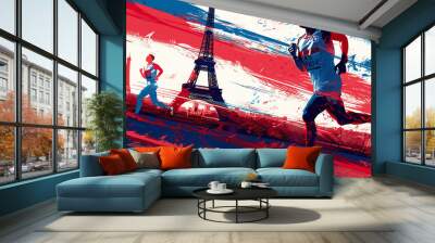  illustration in cartoon or icon style hand hold olympic torch Olympics in france paris with eiffel tower in background  Wall mural