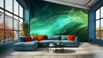 abstract flow of green light in waves for texture elements as background against black symbolic for renewable  energy Wall mural