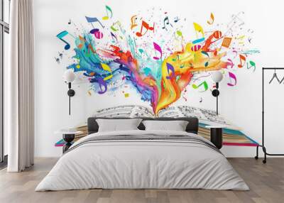 book with colorful splashes and music notes flying out isolated against white background Wall mural