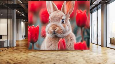 easter background with a cute brown rabbit sitting in a flower field with red tulips Wall mural