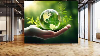 Hand hold and protect the world with a green leaves around as symbol for sustainable developmen and responsible environmental and energy sources for renewable Wall mural