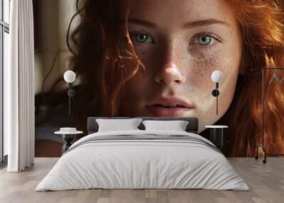 natural close up portrait of a female beauty model with ginger colored  hair and freckles on her skin Wall mural