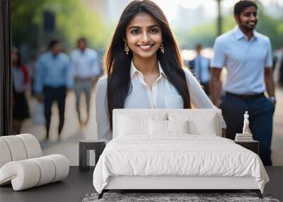 portrait indian model long-haired in business outfit on a street in a city Wall mural