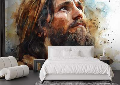 portrait of jesus of nazareth with crown of thorns in watercolor painting of jesus isolated against white background
 Wall mural