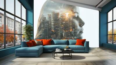 psychology and thought worlds - portrait person with double exposure city skyline - work life balance Wall mural