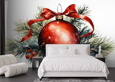 single red christmas ball in watercolor clipart design isolated against transparent background Wall mural