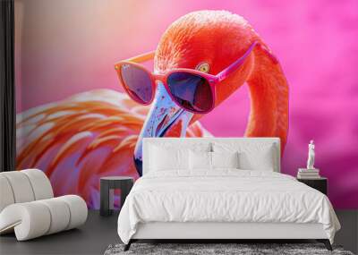 summer feeling - portrait of a flamingo bird wearing sunglasses in front of an orange background Wall mural