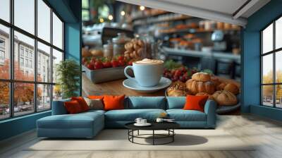 Wonderful breakfast selection at a buffet with a cup of coffee in the foreground Wall mural