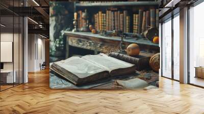 Recreation of an open book in a ancient den bureau of a thinker Wall mural