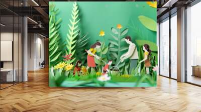 A family is working together in a garden, with a man holding a watering can Wall mural