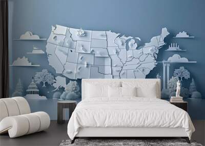 A paper map of the United States with a city skyline in the background Wall mural