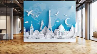 A series of papercut scenes showing a family visiting historical landmarks around the world. Wall mural