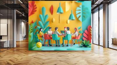 A vibrant paper-cut scene of a group of people sitting around a table in a colorful room with foliage decor, depicting a lively meeting. Wall mural