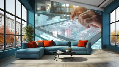 Architect reviewing a BIM model on a tablet at a modern glass table. Wall mural