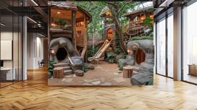 Children is play area with natural wood structures and indoor tree house. Wall mural