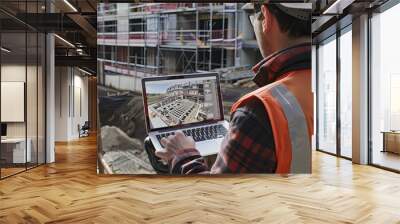 Construction manager overseeing a site with a BIM model on a laptop. Wall mural