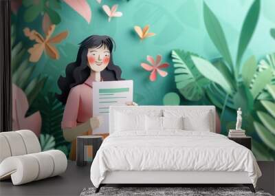 Detailed papercut art of a happy customer receiving a document approval notification. Wall mural