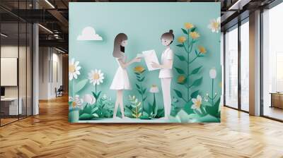 Detailed papercut art of a happy customer receiving a document approval notification. Wall mural