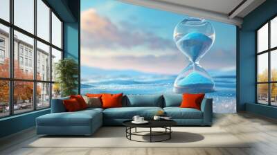 Hourglass filled with blue sand sits on a shimmering surface, symbolizing the passage of time and the urgency of addressing environmental issues, set against a serene, cloudy sky. Wall mural