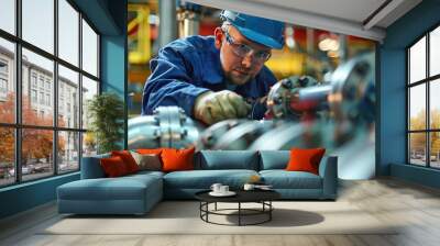 Man in a blue jacket is working on a piece of machinery. He is wearing a hard hat and safety glasses Wall mural