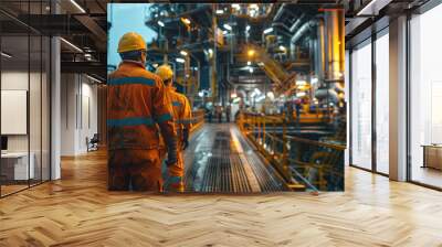 Oil rig engineer in protective gear walking on the platform at night, emphasizing industrial operations and safety Wall mural