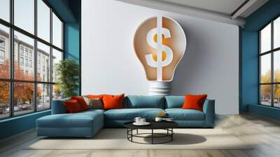 Paper cut art icon of a lightbulb with a dollar sign, symbolizing innovative investments, placed on a clean white background. Wall mural