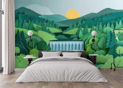 Paper cutout art showing a lush green landscape with a large dam disrupting the ecosystem, highlighting hydroelectric power environmental impact. Wall mural