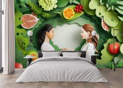 Papercut art of a dietitian and a client discussing a meal plan, nutrition counseling. Wall mural